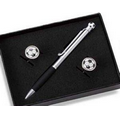 Rounded Soccer Cufflinks & Ball Point Pen Soccer Set with Gift Box